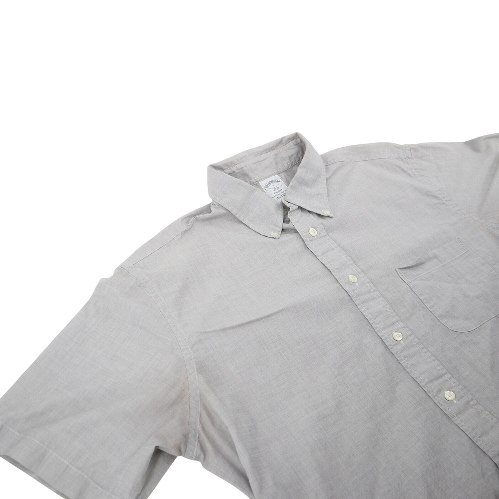 Brooks Brothers Shirt Men Large Regent Grey Short Sleeve Cotton Button Down Good